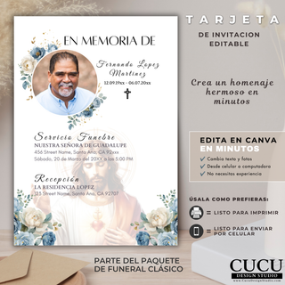 Invitación fúnebre editable en Canva tamaño 5x7 con flores azules, fotografía personalizada, imagen religiosa y espacio para la información del servicio funerario.

English:
Editable 5x7 funeral invitation Canva template featuring blue flowers, custom photo, religious artwork and space for funeral service details.