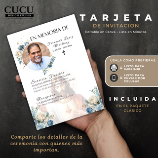 Maqueta de invitación fúnebre editable sostenida en la mano para mostrar el tamaño real del diseño listo para imprimir o compartir digitalmente.

English:
Hand-held mockup of an editable funeral invitation showing the finished design ready to print or share digitally.