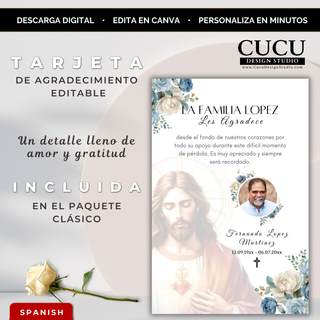 Tarjeta de agradecimiento editable en Canva tamaño 4x6 con flores azules, fotografía personalizada e imagen religiosa para agradecer el apoyo recibido.

English:
Editable 4x6 Canva thank you card with blue flowers, personalized photo and religious artwork to express gratitude after a funeral service.