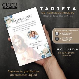 Maqueta de tarjeta de agradecimiento editable en Canva mostrando el tamaño del diseño con fotografía personalizada y elegante decoración floral.

English:
Editable Canva thank you card mockup displaying the design size with custom photo and elegant floral decoration.