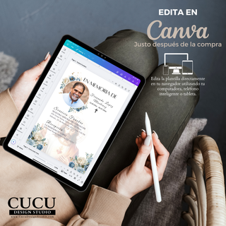 Vista de la plantilla de funeral abierta en Canva mostrando cómo editar fácilmente fotografías, texto y detalles desde computadora, celular o tableta.

English:
Funeral template opened in Canva demonstrating how to easily edit photos, text and details from a computer, phone or tablet.