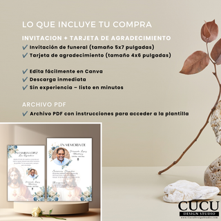 Imagen informativa del paquete de funeral clásico mostrando todo lo que incluye la compra, descarga digital inmediata y plantillas editables en Canva.

English:
Informational image displaying everything included in the classic funeral package with instant download and editable Canva templates.