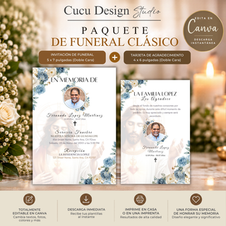 Paquete de funeral clásico editable en Canva con invitación de funeral de 5 x 7 pulgadas y tarjeta de agradecimiento de 4 x 6 pulgadas, diseño floral elegante en tonos azul y blanco.