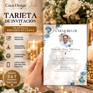Invitación de funeral editable en Canva de 5 x 7 pulgadas, con fotografía, flores azules y blancas, imagen religiosa y diseño elegante para servicio funerario.