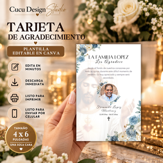 Tarjeta de agradecimiento de funeral editable en Canva de 4 x 6 pulgadas, con fotografía, flores azules y blancas e imagen religiosa en un diseño conmemorativo elegante.