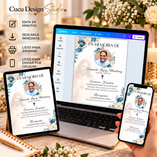 Invitación de funeral editable en Canva mostrada en computadora, tableta y teléfono, con diseño floral azul y blanco, fotografía y detalles religiosos.
