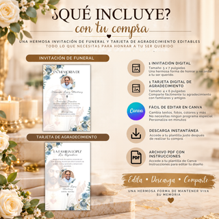 Paquete de funeral editable en Canva que incluye invitación digital de 5 x 7 pulgadas y tarjeta de agradecimiento de 4 x 6 pulgadas, con descarga instantánea y archivo PDF con instrucciones.