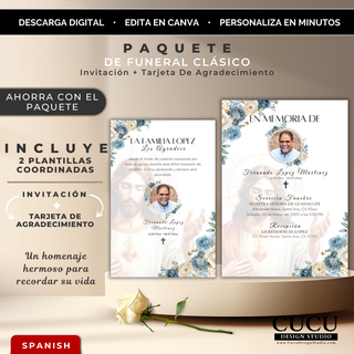 Spanish;
Paquete de funeral clásico editable en Canva que incluye una invitación fúnebre tamaño 5x7 y una tarjeta de agradecimiento tamaño 4x6 con elegantes flores azules y blancas, imagen de Jesús y descarga digital inmediata para personalizar fácilmente.

English;
Editable classic funeral package including a 5x7 funeral invitation and a 4x6 thank you card featuring elegant blue and ivory flowers, an image of Jesus, and instant digital download.