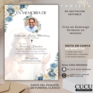 Spanish:
Invitación fúnebre editable en Canva tamaño 5x7 con fotografía personalizada, flores azules y blancas, imagen de Jesús de fondo y espacio para agregar toda la información del servicio funerario.

English:
Editable 5x7 Canva funeral invitation featuring a custom photo, blue and ivory floral arrangement, background image of Jesus, and space for funeral service details.