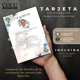 Spanish:
Maqueta de invitación fúnebre sostenida en la mano mostrando un elegante diseño floral azul con imagen de Jesús, lista para imprimir o compartir digitalmente.

English:
Hand-held mockup of an editable funeral invitation with elegant blue floral accents and an image of Jesus, ready to print or share digitally.
