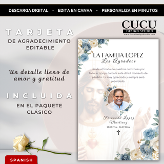 Spanish:
Tarjeta de agradecimiento editable en Canva tamaño 4x6 con delicadas flores azules, fotografía personalizada e imagen de Jesús para expresar gratitud por el apoyo recibido.

English:
Editable 4x6 Canva thank you card featuring blue floral accents, custom photo, and an image of Jesus to express gratitude after a funeral service.