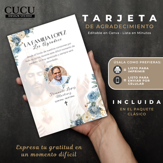 Spanish:
Maqueta de tarjeta de agradecimiento editable con flores azules y blancas, fotografía personalizada e imagen religiosa de Jesús, ideal para entregar a familiares y amigos.

English:
Editable thank you card mockup featuring blue and ivory flowers, custom photo, and a religious image of Jesus, perfect for family and friends.