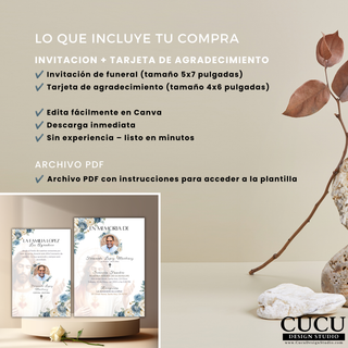 Spanish:
Imagen informativa mostrando todo lo incluido en el paquete de funeral clásico con invitación, tarjeta de agradecimiento, edición en Canva y descarga digital inmediata.

English:
Informational image showing everything included in the classic funeral package with invitation, thank you card, Canva editing, and instant digital download.