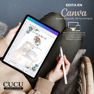 Spanish:
Vista de la plantilla abierta en Canva mostrando cómo editar fácilmente fotografías, texto y detalles del servicio desde computadora, celular o tableta.

English:
Canva editing screen displaying how to personalize the funeral template by changing photos, text, and service information from any device.
