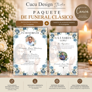 Paquete de funeral editable en Canva en español con invitación de funeral de 5 x 7 pulgadas y tarjeta de agradecimiento de 4 x 6 pulgadas, plantillas digitales de una sola cara.