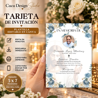 Invitación de funeral en español editable en Canva, plantilla digital de 5 x 7 pulgadas con diseño religioso, flores azules y blancas y foto del ser querido.