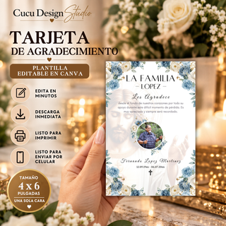 Tarjeta de agradecimiento de funeral en español editable en Canva, plantilla digital de 4 x 6 pulgadas con flores azules y blancas y foto del ser querido.