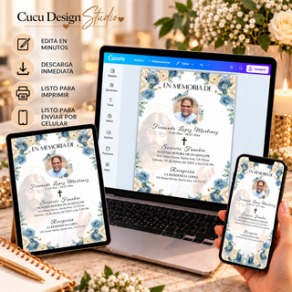Plantilla de invitación de funeral en español editable en Canva, mostrada en computadora, tableta y celular, con descarga digital y lista para imprimir o compartir.