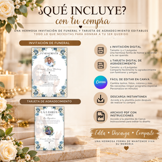 Paquete de funeral digital en español con invitación de 5 x 7 pulgadas y tarjeta de agradecimiento de 4 x 6 pulgadas, plantillas editables en Canva con descarga instantánea.