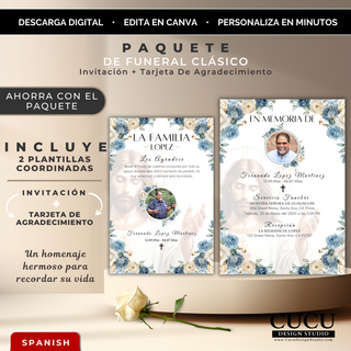 Español:
Paquete de funeral clásico editable en Canva que incluye una invitación fúnebre tamaño 5x7 y una tarjeta de agradecimiento tamaño 4x6 con elegante marco de flores azules y blancas, imagen de Jesús al fondo y descarga digital inmediata.

English:
Editable classic funeral package including a 5x7 funeral invitation and a 4x6 thank you card featuring an elegant blue and ivory floral frame, a background image of Jesus, and instant digital download.
