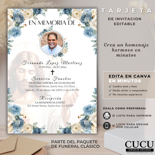 Español:
Invitación de funeral editable en Canva con delicado marco floral azul y blanco, fotografía personalizada, imagen religiosa de Jesús, espacio para información del servicio funerario y recepción.

English:
Editable Canva funeral invitation featuring a blue and ivory floral border, personalized photo, religious image of Jesus, and space for funeral service and reception details.