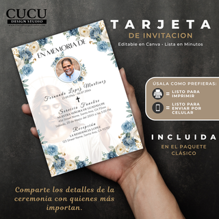 Español:
Maqueta de invitación fúnebre sostenida en la mano mostrando un elegante diseño con flores azules, imagen de Jesús y formato listo para imprimir o compartir digitalmente.

English:
Hand-held mockup of an editable funeral invitation with elegant blue floral accents, image of Jesus, and a design ready for printing or digital sharing.