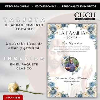 Español:
Tarjeta de agradecimiento editable en Canva con hermoso marco de flores azules y blancas, imagen de Jesús y fotografía personalizada para expresar gratitud a familiares y amigos.

English:
Editable Canva thank you card featuring a beautiful blue and ivory floral frame, image of Jesus, and personalized photo to thank family and friends.