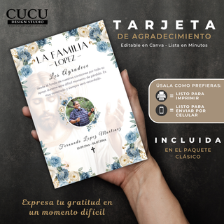 Español:
Maqueta de tarjeta de agradecimiento con elegante diseño floral azul, fotografía personalizada e imagen religiosa de Jesús, lista para imprimir o enviar digitalmente.

English:
Mockup of an editable thank you card with an elegant blue floral design, personalized photo, and image of Jesus, ready to print or share digitally.