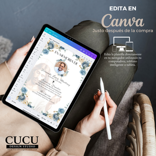 Español
Vista de la plantilla abierta en Canva mostrando cómo editar nombres, fotografías, fechas y detalles del servicio desde computadora, teléfono inteligente o tableta.

English
Canva editing screen demonstrating how to personalize names, photos, dates, and funeral service details from a computer, smartphone, or tablet.