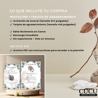 Españo
Imagen informativa del paquete de funeral clásico mostrando la invitación fúnebre, tarjeta de agradecimiento, edición en Canva, descarga inmediata y archivo PDF con instrucciones.

English
Informational image displaying everything included in the classic funeral package, including the funeral invitation, thank you card, Canva editing, instant download, and PDF instructions.