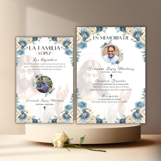 Paquete Funeral Con Flores Azules Y Jesús, Invitación Fúnebre 5x7, Tarjeta Canva 4x6