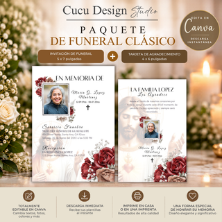 Paquete de funeral clásico editable en Canva con invitación funeraria de 5x7 pulgadas y tarjeta de agradecimiento de 4x6 pulgadas. Diseño religioso con imagen de Jesús, rosas rojas, flores y fotografía del ser querido. Plantillas digitales para personalizar, imprimir o compartir.