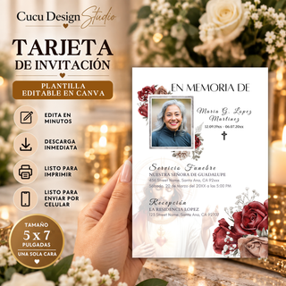 Invitación de funeral editable en Canva de 5x7 pulgadas con imagen de Jesús, rosas rojas, fotografía del ser querido y detalles florales. Incluye espacio para nombre, fechas, información del servicio funerario y recepción. Plantilla digital fácil de personalizar e imprimir.