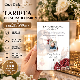 Tarjeta de agradecimiento funeraria editable en Canva de 4x6 pulgadas con imagen de Jesús, rosas rojas, fotografía del ser querido y mensaje de agradecimiento. Diseño religioso y elegante para agradecer a familiares y amigos por su apoyo durante un momento de pérdida.