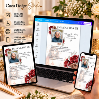 Paquete de funeral digital editable en Canva mostrado en laptop, tablet y teléfono celular. La invitación funeraria presenta una imagen de Jesús, rosas rojas, flores y fotografía del ser querido. Diseño fácil de editar, descargar, imprimir o compartir digitalmente.