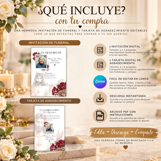 Qué incluye el paquete de funeral clásico editable en Canva: invitación funeraria de 5x7 pulgadas y tarjeta de agradecimiento de 4x6 pulgadas. Diseño con imagen de Jesús, rosas rojas, flores y fotografía personalizada. Acceso digital y plantillas fáciles de editar.