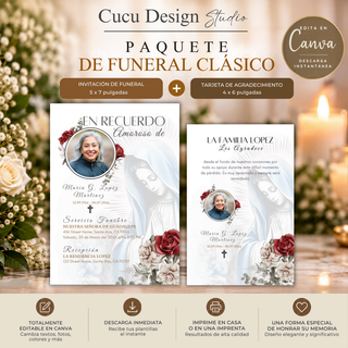 Paquete de funeral clásico editable en Canva con invitación de funeral con imagen de la Virgen María y rosas rojas, más tarjeta de agradecimiento.