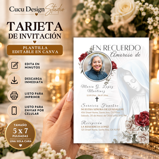 Invitación de funeral editable en Canva de 5x7 pulgadas con imagen de la Virgen María, rosas rojas, fotografía y detalles para el servicio funerario.