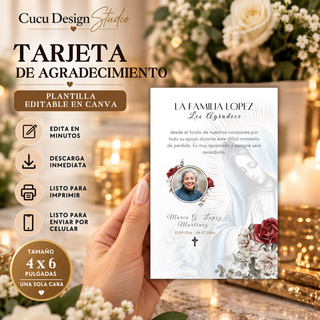 Tarjeta de agradecimiento de funeral editable en Canva de 4x6 pulgadas con imagen de la Virgen María, rosas rojas y fotografía del ser querido.