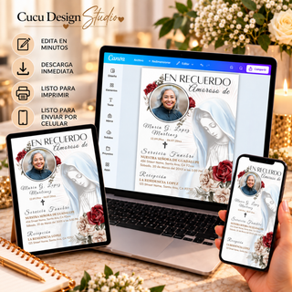 Paquete de funeral editable en Canva mostrado en laptop, tablet y teléfono, con invitación funeraria con imagen de la Virgen María y rosas rojas.