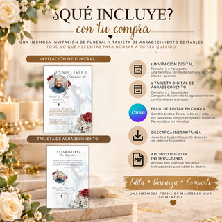 Paquete de funeral clásico con invitación de 5x7 y tarjeta de agradecimiento de 4x6, ambas con diseño de Virgen María y rosas rojas.