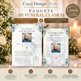 Paquete funeral católico editable en Canva con invitación 5x7 y tarjeta de agradecimiento 4x6, diseño religioso en tonos blanco y azul con Virgen María, flores y fotografía personalizada.