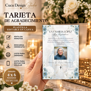 Tarjeta de agradecimiento de funeral de 4x6 pulgadas editable en Canva, con Virgen María, flores azules, fotografía personalizada y mensaje para familiares y amigos.