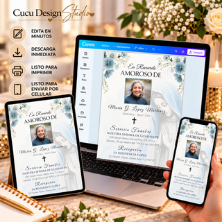Plantilla de funeral editable en Canva mostrada en computadora, tableta y teléfono, con invitación católica en tonos blanco y azul, Virgen María, flores y fotografía personalizada.
