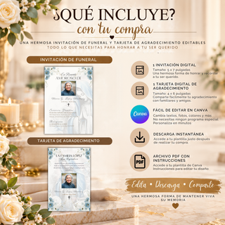 Qué incluye el paquete funeral digital: invitación de 5x7 pulgadas, tarjeta de agradecimiento de 4x6 pulgadas, edición en Canva, descarga instantánea y PDF con instrucciones.