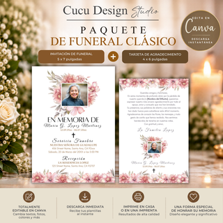 Paquete de funeral clásico floral editable en Canva con invitación de funeral de 5 x 7 pulgadas y tarjeta de agradecimiento de 4 x 6 pulgadas. Diseño elegante en tonos rosa, blanco y dorado con flores, fotografía de la persona homenajeada y detalles para personalizar. Descarga digital inmediata, listo para imprimir o compartir.