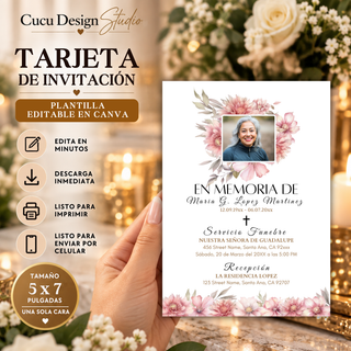 Invitación de funeral floral de 5 x 7 pulgadas, plantilla editable en Canva. Diseño elegante con flores rosas, fotografía de la persona homenajeada, información del servicio funerario, recepción y detalles decorativos en tonos blanco, rosa y dorado. Se puede personalizar, descargar, imprimir o enviar por celular.