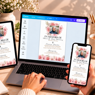 Plantilla de invitación de funeral editable en Canva mostrada en computadora portátil, tableta y teléfono celular. El diseño floral incluye fotografía de la persona homenajeada y detalles del servicio funerario. Ejemplo de cómo las plantillas digitales pueden personalizarse desde diferentes dispositivos y compartirse fácilmente.