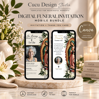 Promotional graphic for a digital funeral invitation mobile bundle by Cucu Design Studio, showing two smartphone mockups with elegant memorial and thank-you card designs. The scene is styled with flowers, candles, books, and a marble surface against a warm beige background.