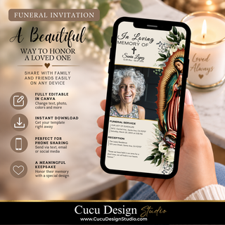 A hand holds a smartphone displaying a funeral invitation template with a portrait of an elderly woman and a religious figure, set against a warm memorial-themed background with candles and text promoting an editable Canva template by Cucu Design Studio.